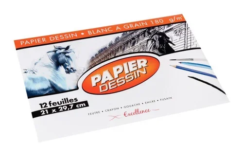 Pochette de 12 feuilles de papier dessin blanc 180 g format 21×29,7 cm