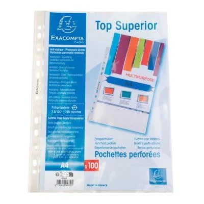 Pochette perforée Qualité+ A4 polypropylène 7,5/100e lisse Exacompta cristal – lot de 100