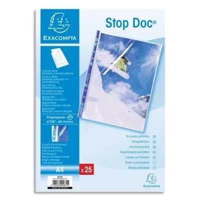 Pochettes perforées Exacompta – A4 – PP transparent lisse 6/100 – ouverture en coin 2/3 hauteur – sachet de 25