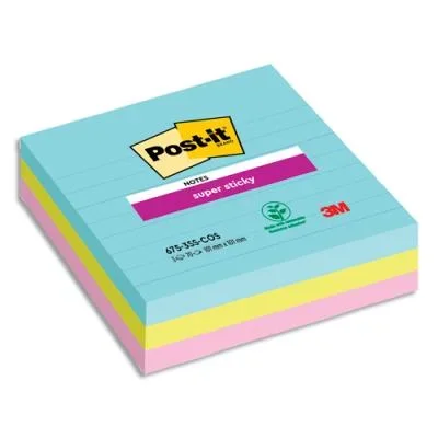 Post-It Super Sticky collection Miami – lignés – 101 x 101 mm – lot de 3 blocs de 70 feuilles