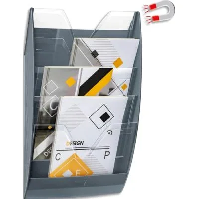 Présentoir mural magnétique CEP 5 compartiments. Jusqu&rsquo;à 7 kg. Dim (lxhxp) : 35x58x12,8 cm. Gris/Cristal