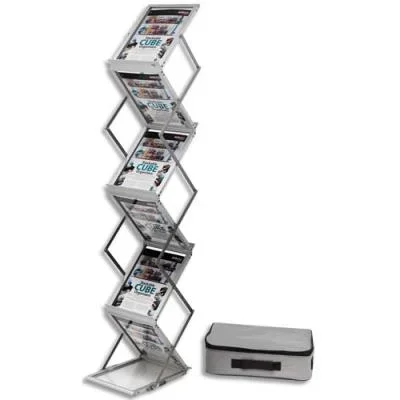 Présentoir sur pied pliable aluminium avec malette de transport 6 niveaux pour format A4