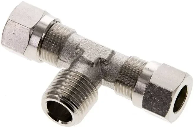 Raccord en T à bague coupante R 1/4″-8 LL (M12x1), laiton nickelé