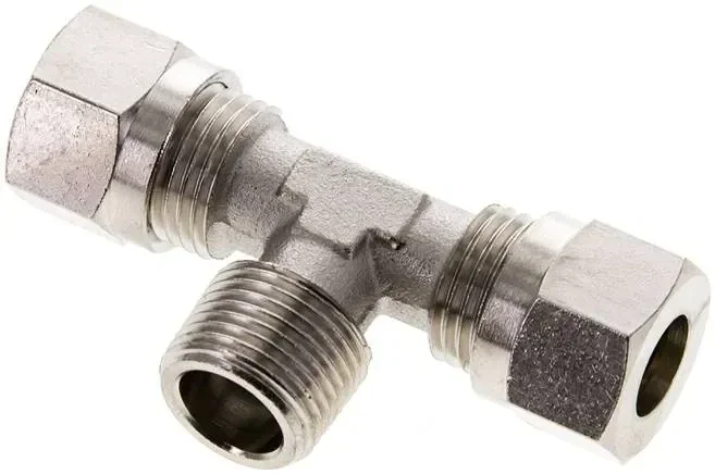 Raccord en T à bague coupante R 3/8″-10 L (M16x1,5), laiton nickelé