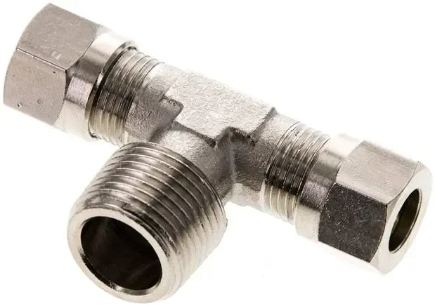 Raccord en T à bague coupante R 3/8&Prime;-8 LL (M12x1), laiton nickelé