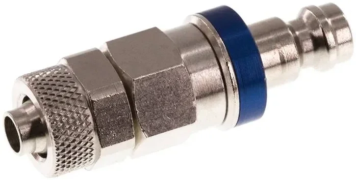 Raccord mâle (NW5) pour tuyau 8×6 mm, laiton nickelé, fermeture des deux côtés, bleu