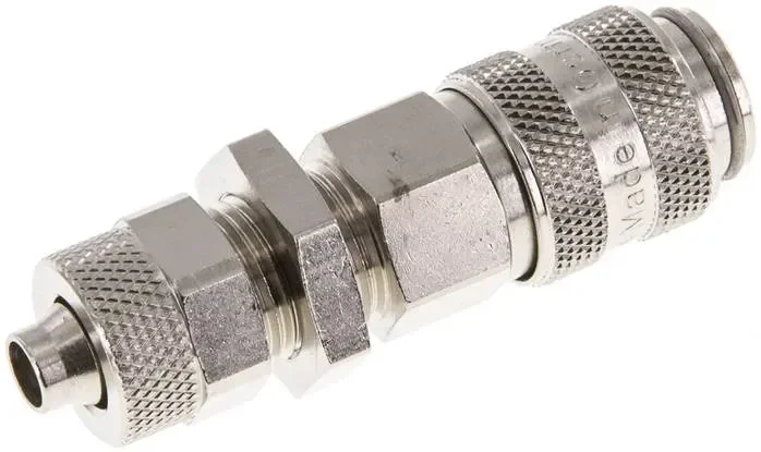 Raccord rapide passe-cloison (NW5) pour tuyau 8×6 mm, laiton nickelé, pour prises à double obturation