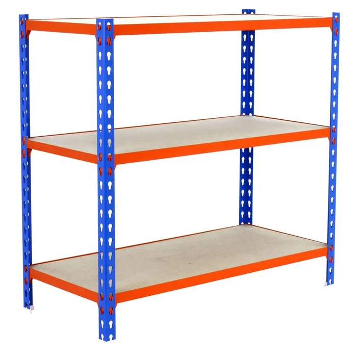 Rayonnage bois-métal léger sans vis 1000x1100x300 – 3 niveaux Bleu/Orange/Bois – SIMON RACK – 8425437086045