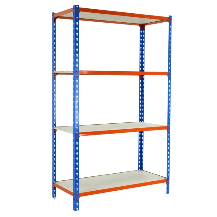 Rayonnage bois-métal léger sans vis 1500x900x400 – 4 niveaux Bleu/Orange/Bois – SIMON RACK – 8435104961070