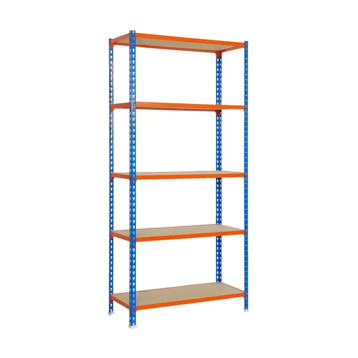 Rayonnage bois-métal léger sans vis 2000x1100x400 – 5 niveaux Bleu/Orange/Bois – SIMON RACK – 8435104937334
