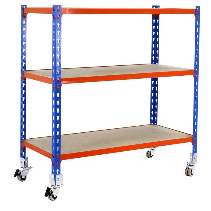 Rayonnage mobile bois-métal léger sans vis 975x1100x400 – 3 niveaux Bleu/Orange – SIMON RACK – 8435104954485