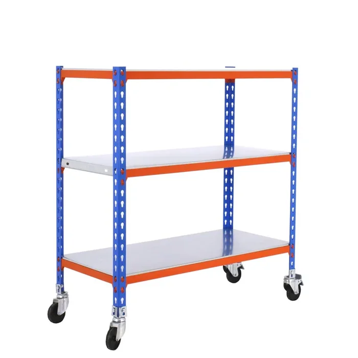 Rayonnage mobile métallique léger sans vis 975x800x500 – 3 niveaux Bleu/Orange/Galvanisé – SIMON RACK – 8435104953075