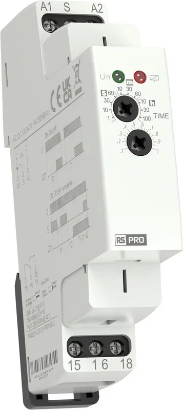 Relais temporisé RS PRO, 12 → 240V c.a. / V c.c., Montage rail DIN, 1 contact