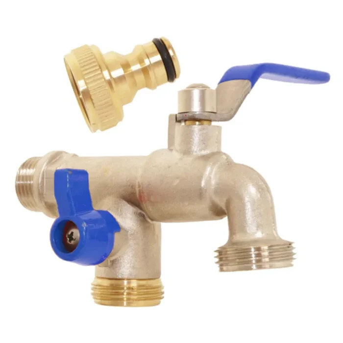 Robinet d&rsquo;eau exterieur double sortie 20 x 27 – Entree 15 x 21 – Vanne arret – Laiton chrome