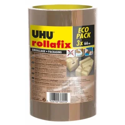 Ruban adhésif d’emballage UHU Rollafix – en polypropylène silencieux 46 microns 50 mm x 66 m – Havane – lot de 3