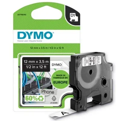 Ruban nylon Dymo D1 S0718040 pour étiqueteuse – 12 mm x 3,5 m – Noir sur Blanc