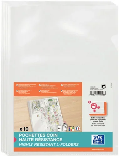 Sachet de 10 pochettes coin en PVC lisse 15/100ème, incolore