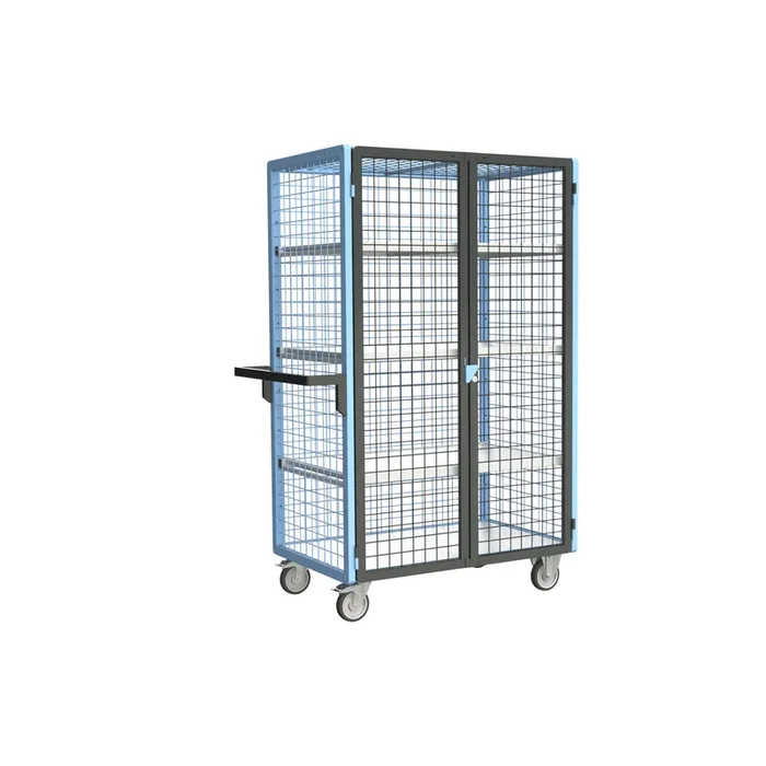 Servante grillagée 4 côtés, verrouillable, avec 3 étagères, plateau bois, 1000×600 mm, 250 kg – FIMM – 880725126