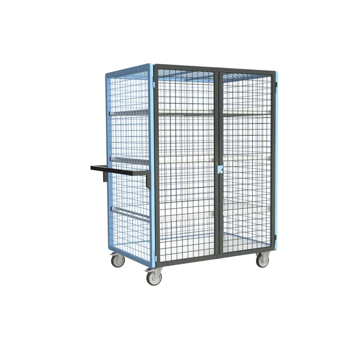 Servante grillagée 4 côtés, verrouillable, avec 3 étagères, plateau bois, 1200×800 mm, 250 kg – FIMM – 880725136