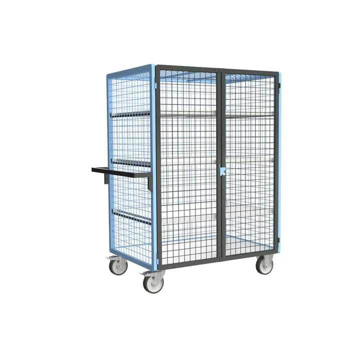 Servante grillagée 4 côtés, verrouillable, avec 3 étagères, plateau bois, 1200×800 mm, 500 kg – FIMM – 880725236