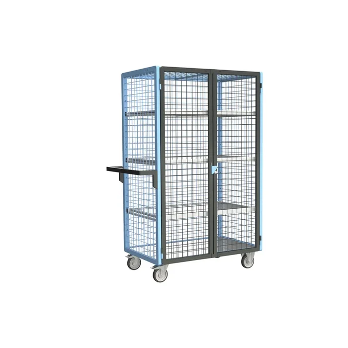 Servante grillagée 4 côtés, verrouillable, avec 3 étagères, plateau tôle galva, 1000×600 mm, 250 kg – FIMM – 880725156