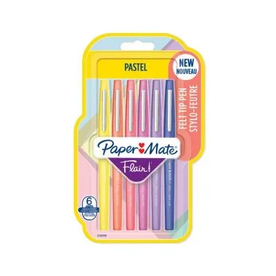 Stylo feutre à capuchon Paper Mate Flair Original – pointe moyenne 0,7 mm – lot de 6 coloris pastel