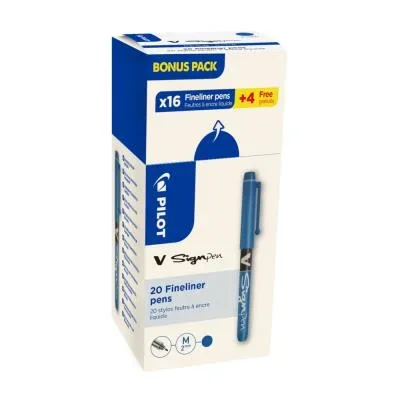 Stylo feutre à capuchon Pilot V-Sign Pen – pointe moyenne 2 mm – bleu – Lot de 16 + 4 OFFERTS
