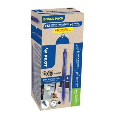 Stylo roller rétractable encre gel effaçable Pilot FriXion Clicker pointe moyenne 0,7 mm – Bleu – Pack de 12 stylos + 12 recharges