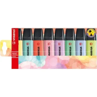Surligneur à corps plat Stabilo Boss Original – couleurs pastel assorties – pointe biseautée – 2-5 mm – blister 8 unités