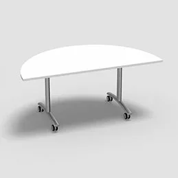 Table abattante demi lune multigamme – plateau décor blanc neige – piètement finition alu