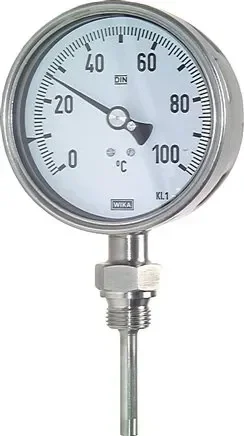 Thermomètre bimétallique, vertical D100/0 à +100°C/160mm, acier inoxydable pour fluides agressifs