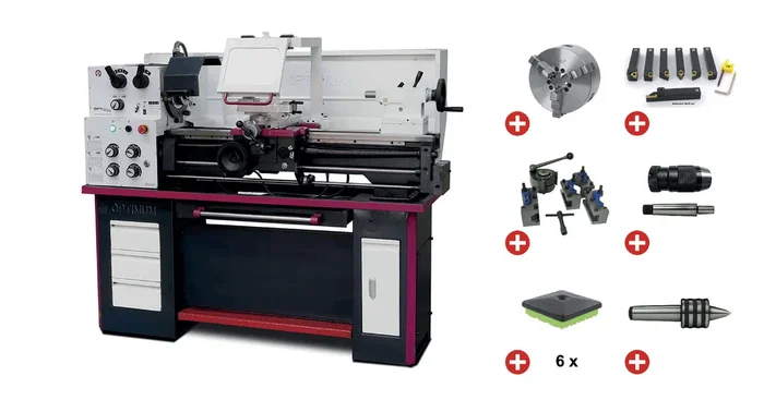 Tour à métaux hauteur des pointes 165 mm entre-pointes 830 mm alésage 38 mm 1,5 kW 400V avec accessoires essentiels Optiturn