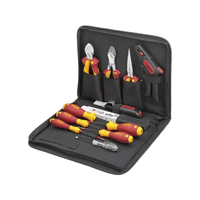 Trousse d&rsquo;electricien Wiha avec 12 outils pinces et tournevis isoles VDE
