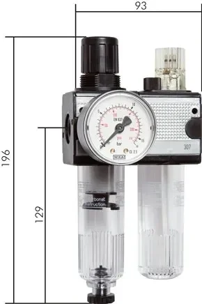 Unité de maintenance MULTIFIX (1), 2 pièces, G 3/8″, 0,5 – 10 bar, verrouillable avec panier de protection, purge automatique des condensats