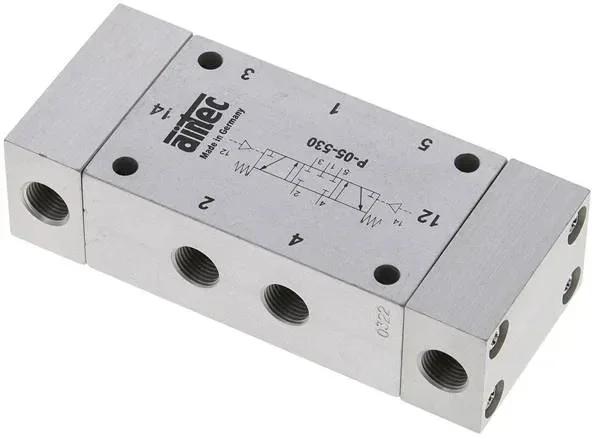 Vanne pneumatique 5/3 voies, G 1/8″, position centrale fermée, homologation ATEX