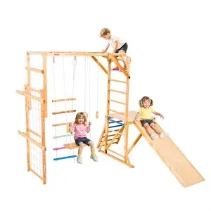 VEVOR Aire de Jeux Intérieure en Bois 8-en-1, avec Balançoire, Toboggan, Barre de Singe, Anneaux de Gymnastique, Échelle en Bois/Corde, Filet et Barre d&rsquo;Escalade, Structure de Jeux pour Enfants