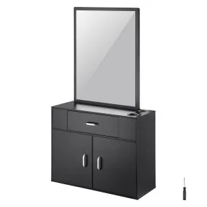 VEVOR Armoire de rangement pour salon de coiffure, meuble de salon de coiffure murale pour coiffeur, avec miroir, tiroir, ensemble de station de coiffure à double porte pour organiser outils, noir