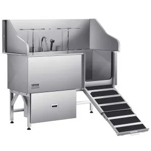 VEVOR Baignoire de Chien Animaux Compagnie Acier Inox 155 cm Rampe Porte Droite
