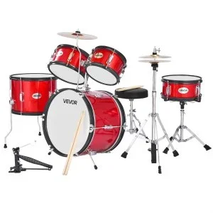 VEVOR Batterie Enfants Débutants Rouge 5 PCS avec Siège et Grosse Caisse 16 inch / 40.64 cm
