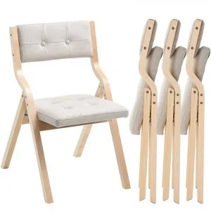 VEVOR Chaise pliante portable en bois lot de 4 avec coussin rembourré beige