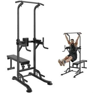 VEVOR Chaise Romaine avec Banc, Barre de Traction sur Pied Réglable en Hauteur sur 10 Niveaux 200 kg, Équipement d’Entraînement de Force Multifonction avec Dossier Coudières, Station de Dips Fitness