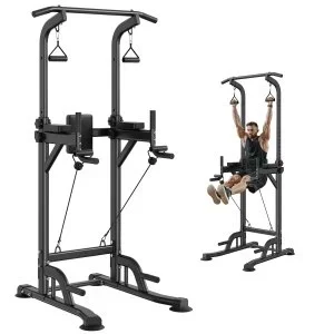 VEVOR Chaise Romaine, Barre de Traction sur Pied Réglable en Hauteur sur 10 Niveaux 200 kg, Équipement d&rsquo;Entraînement de Force Multifonction avec Dossier Réglable et Coudières, Station de Dips Fitness