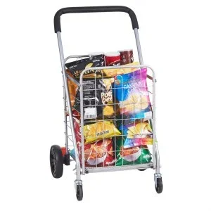VEVOR Chariot de courses pliable, capacité de charge maximale 49,9 kg, chariot utilitaire d’épicerie avec 4 roulettes pivotantes, panier à linge pliable robuste, compact, léger pour courses, argent