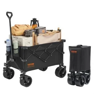VEVOR Chariot de Jardin Pliable, Chariot de Transport de Plage 150 L Charge Max 265 lb avec Roues Tout Terrain, Porte-Boissons, Chariot de Sport Robuste pour Camping, Shopping, Jardin, Extérieur, Noir