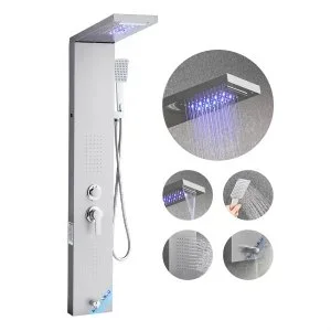 VEVOR Colonne de douche système, 5 modes de douche, tour de panneaux de douche à LED, cascade de pluie, cascade d’eau, 2 buses de massage du corps, bec de baignoire, douchette avec flexible de 59 pouces, kit de douche mural en acier inoxydable