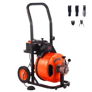 VEVOR Déboucheur Électrique de Canalisation 23 m x 12,7 mm Machine de Nettoyage de Tuyaux Alimentation Auto Nettoyeur Tubes Pro 4 Coupeurs Commande à Pied pour Tuyaux 50-100 mm WC Égouts Toilettes