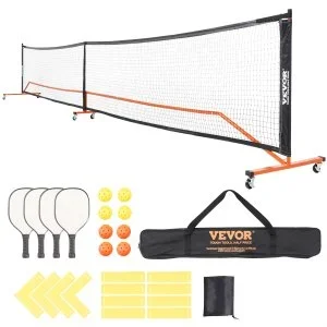 VEVOR Ensemble de Filet de Pickleball, Système de Pickleball Portable de Taille Réglementaire de 672 cm avec Sacs, Balles, Raquettes, Roues et Lignes de Court, Cadre en Métal Résistant aux Intempéries