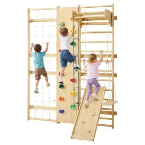 VEVOR Espalier en Bois Massif, Échelle Suédoise Murale 12 Niveaux, Charge 100 kg, Gym Mural 9-en-1 avec Mur d&rsquo;Escalade, Anneaux, Barre de Traction, Planche d&rsquo;Escalade, Toboggan et Balançoire