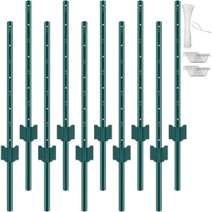 VEVOR Lot de 10 Poteaux de Clôture en Métal Piquets Robustes Jardin 91,44cm Vert