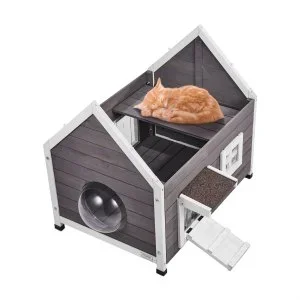 VEVOR Maison Cabane pour Chat d&rsquo;Extérieur en Bois Abri avec Toit Porte Fenêtre